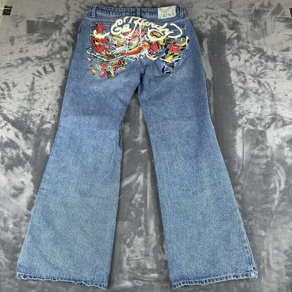Ed Hardy Multi Tattoo Relaxed Baggy Jeans Women's Size 30 Painted Logo Koi Y2K - Picture 2 of 11